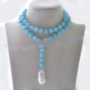 Natural Blue Aquamarine Gems White Keshi Baroque Pearl Pendant Lariat Necklace - Picture 1 of 10