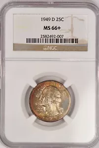 1949 D TONED Washington Quarter NGC MS 66 + MS66 Plus Toning Coin 25C - Picture 1 of 2