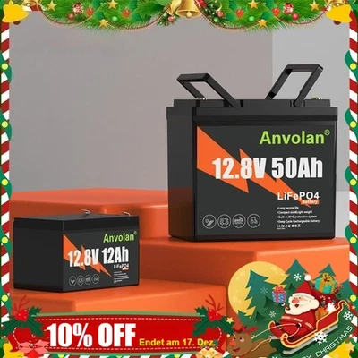 ANVOLAN 12V 50Ah 12AH LiFePO4 Akku Lithium Batterie 640Wh BMS für Wohnmobil Solar Boot