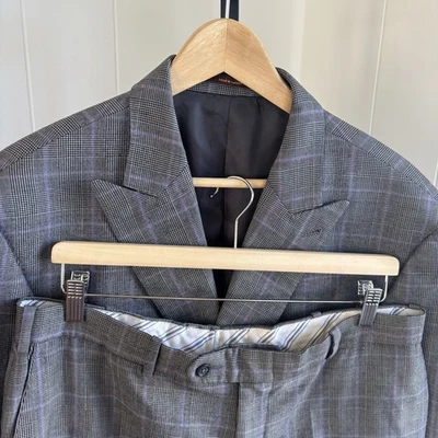Traje Peter Millar 46R para hombre calce ajustado gris púrpura a cuadros lana pico solapa 2 piezas *NOTA Foto 1 de 4
