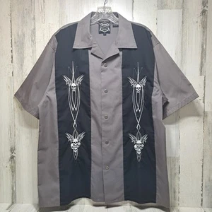 Hard Chrome Mens Snap Down Mechanics Shirt Size L Gray Black Embroidered Skulls  - Picture 1 of 12