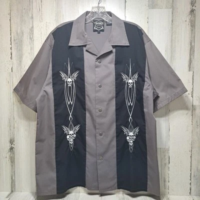 Camisa mecánica cromada dura para hombre talla L gris negra calaveras bordadas  Foto 1 de 4