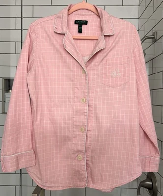 Lauren Ralph Lauren Pink Check Long Sleeve Monogram Pajama Top Large - Imagem 1 de 4