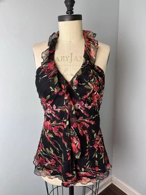Blusa halter de hadas de seda vintage de los años 2000 Y2K dispensador Jeremy rojo y negro flor L Foto 1 de 4