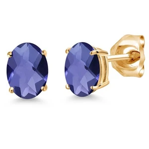 14K Yellow Gold Blue Iolite Double Notch Stud Earrings | 1.30 Cttw | Gemstone - Picture 1 of 6