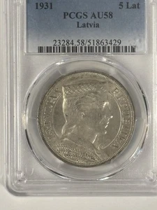LATVIA Republic silver 5 Lati 1931 Baltic States Star Lion Maiden Arms PCGS AU58 - Picture 1 of 4