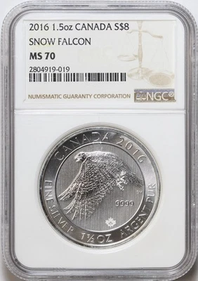 2016 S$8 1.5oz Canada Snow Falcon NGC MS70 - .9999 Fine Silver - Canadian - Image 1 of 2