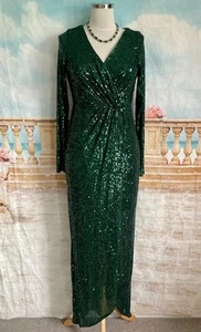 Evening Dress 12 Green Sequin Quiz Ballgown Wrap Style Maxi Formal Deco Prom - Picture 1 of 6