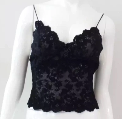 Hanky Panky Sheer Black Lace Floral Cami Camisole Large Stretchy Nylon Bra Top - Image 1 of 4