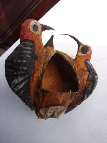 Vintage Hand Carved Coconut Bird House,3-Woodpeckers,Red Heads Cover