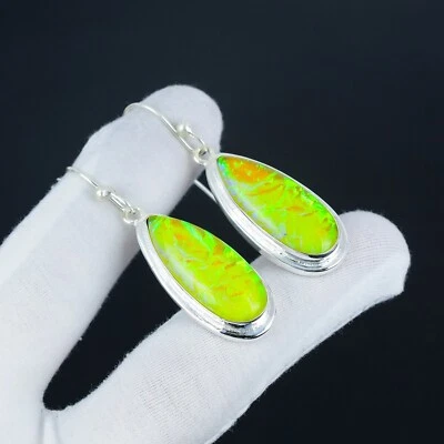 Giallo Opale Australiano Gemma a Mano 925 Sterling Orecchini Argento Per Amore - Immagine 1 di 4