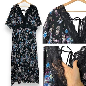 KIYONNA Floral Printed Maxi Dress 3X Lace V Neck Empire Waist Flutter Sleeve Tie - Picture 1 of 19