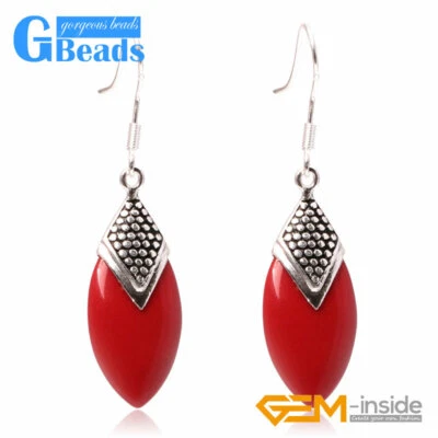 14x28mm Tibetan Silver Dangle Earrings - Oval Beads Christmas Gift for Her - Image 1 of 4