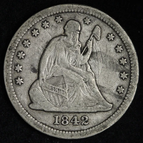 1842-O Seated Liberty Silver Quarter CHOICE VF+ E292 ABM Cover