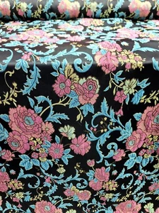Stoff Meterware schwarz Brokat rosa türkis floral strukturiert geprägt - Bild 1 von 12