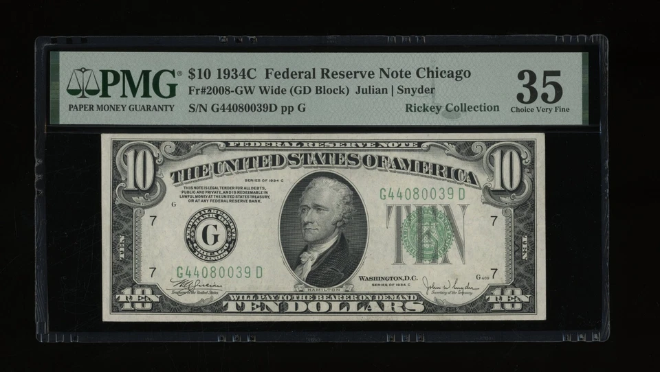 DBR 1934-C $10 FRN Wide Chicago Fr. 2008-Gw PMG 35 Serial G44080039D - Image 1 of 2