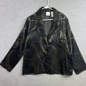 Liz Claiborne Villager Semi Sheer Blouse Sz L Gold Floral Black 1 Button Front - Picture 1 of 7