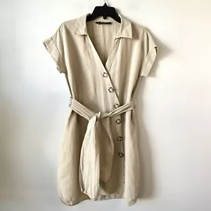 Zara Belted Button Front Linen Cotton Shirt Dress Beige S - Picture 1 of 7