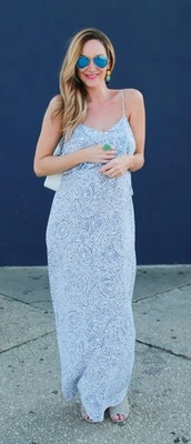 New! MOTHERHOOD MATERNITY Blue/White Geo Print Chiffon Summer Maxi Dress S 4/6 - Image 1 of 4