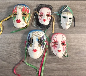 Vintage Lot Of 5 Mardi Gras  Ceramic Clay Painted wall face Mask 5” made China - Picture 1 of 11