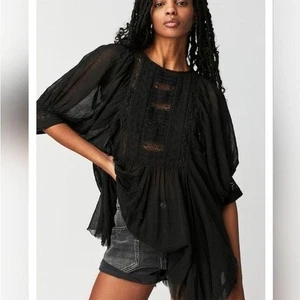 FP One Finely Tunic Women's Size Medium Free People Black Sheer Lace Boho Hippie - Picture 1 of 8
