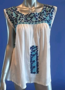 J MARIE-Brynn-Mexican Floral Embroiderd Top Blue White Boho Beauty-Lined Sz L - Picture 1 of 13