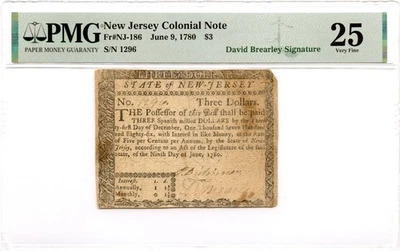 New Jersey Colonial Note Fr#NJ-186 June 9, 1780 PMG VF-25 *Brearley Constitution - Image 1 of 2