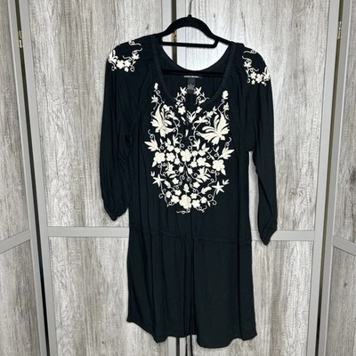 Mini Vestido Túnica Bordada Lucky Brand Bohemia Negra y Marfil Talla S Foto 1 de 4