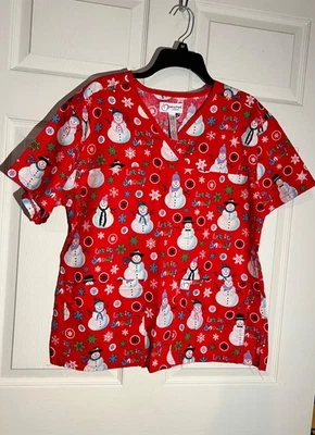Peaches Uniforms Size XL Red Snowman Winter Snowflakes Fun Medical Scrub Top - Image 1 of 4