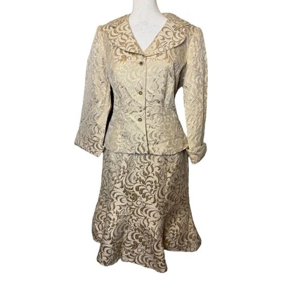 Jones New York 金属丝绸混纺锦缎裙套装金色 6 码 — 第 1/4 张图片