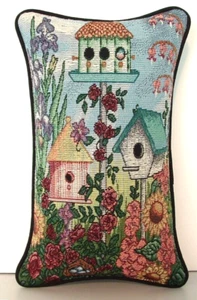 Birdhouses- Three Birdhouses In Garden, Flowers, Bird, Small Tapestry Pillow New - Picture 1 of 6
