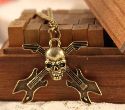 GUITARRA CALAVERA GRANDE ROCK PUNK GÓTICO Bronce Colgante Mujer Hombre BRONCE 20" Collar  Foto 1 de 4