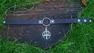 Leather Choker With Stainless Steel Pentagram Baphomet Pendant Amulet Occult - Picture 1 of 1