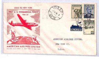 NORWAY Air Mail Cover American Airlines FIRST FLIGHT USA New York 1946 YX171 - Image 1 of 4