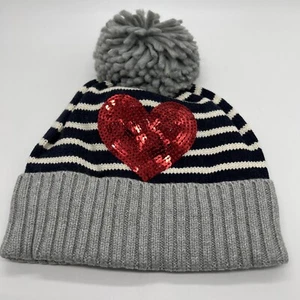 Gap Kids L/XL Beanie W/pom Sequin Heart Gray Navy Cream G Love French Vanilla - Picture 1 of 8