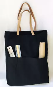 Large Thick Canvas Black Tote Bag Cotton Canvas Leather Strap w/Pocket B-178 - Picture 1 of 11