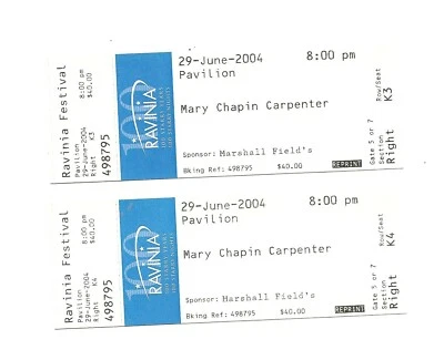 Неиспользованные билеты на концерт Мэри Чапин Карпентер с 29 июня 2004 г. - Изображение 1 из 2