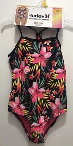 Hurley One Piece Youth Girls Swimsuit Size 5/6 UPF 50+ Black/Hyper Pink Floral - Picture 1 of 6