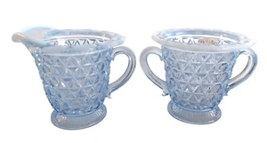 Vintage 30er Imperial Glas Katy blau opalisierend Zuckerdose & Milchkännchen geschnürter Rand - Bild 1 von 6