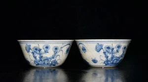 3.4” Ming Dynasty Chenghua Red Fetal Blue and White Three Autumn Cup Pair - Picture 1 of 9