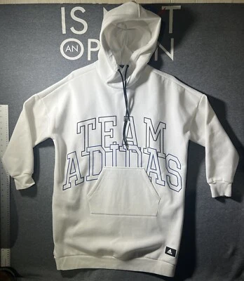 Adidas Oversize Womens Medium Hoodie Bold Lettering Jumper White Top Primegreen - Image 1 of 4