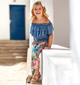 MAYORAL outfit SET print long pants + frill blue jeans denim top size 3-4 - Picture 1 of 12