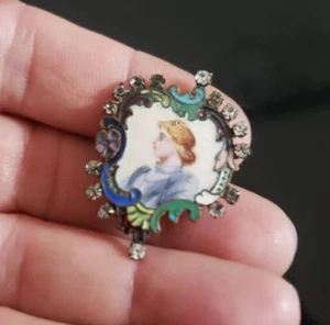 19th Antique Beautiful French Enamel Portrait Miniature Jeweled Brooch Frame - Picture 1 of 5