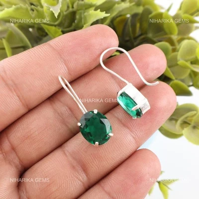 925 Silber Ovale Kunstdiamanten Grün Smaragd Edelstein Haken Lang Handgefertigt - Bild 1 von 4