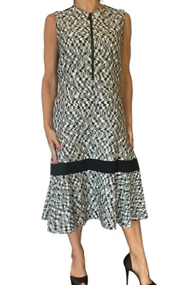 Akris Punto Front Zip Dress White Black Ikat Cotton Sleeveless Fit Flare Midi 12 - Image 1 of 4