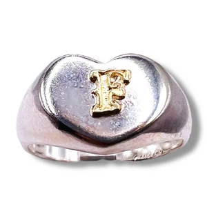 F Initiale 10k Gold Buchstabe Silber Ring Herz Siegelring 925 Sterling Gr. 6,5 - Bild 1 von 15