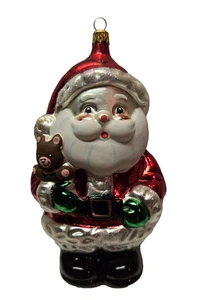 VTG HAND KURT ADLER  Santa w/ Teddy Bear Hand Blown Glass Christmas 6" X 3.25" - Picture 1 of 7