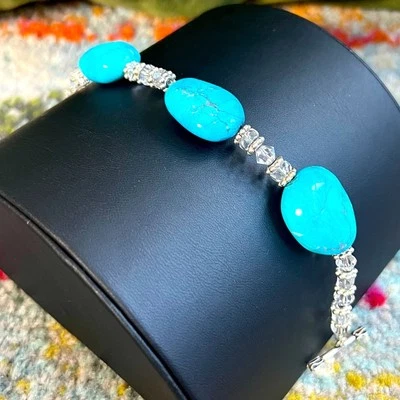 Turquoise + Crystal + Silver Bracelet 8” - Image 1 of 4