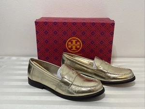 TORY BURCH CLASSIC LOAFER METALLIC LEATHER SPARK GOLD PLATINO SZ US 7 NIB $298 - Picture 1 of 11