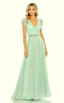 Mac Duggal Sea Mist Green Beaded Cap Sleeve Tulle A-Line Gown Size 16 $698 - Image 1 of 3